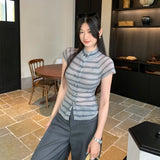 Beautiful Single Wear Double Buckle Striped Knitted Short-Sleeved Women's Summer 2026 New Old Money Style Style Open Shirt Thin Top