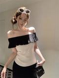 French High-End Lotus Leaf Side Shoulder Short-Sleeved Knitted Shirt Women 2026 Summer New Design Sense On The Dress