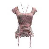 Heavy Industrial Lace Splicing Elastic Print With Bow Short-Sleeved T-Shirt 6185