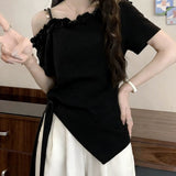 2026 Summer New Slanted Shoulder Side Short-Sleeved T-Shirt Lady Slimming Tie To Collect Pure Lustful Blouse