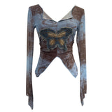 Real Shooting Pure Sexful V-Neck Umbilly T-Shirt Female Hairy Denim Butterfly Embroidered Mesh Yarn Long Sleeve Top 9996