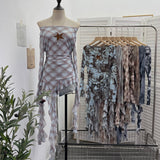 Vintage One-Word Shoulder Long-Sleeved T-Shirt Babes Net Embroidery Irregular Ribbon Dress 12901