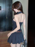 Pure Style Sexy Bare Back Hanging Neck Cowboy Dress Female Design Summer Hot Girl Repair French 100-Fold Skirt