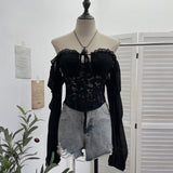 Real Shot French Lantern With Chest Tender Tops With Cuffed Shoulders With Dark Band Lace T-Shirt 8121