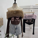 Real Shot Removable Hairy Collar Shoulder Long-Sleeved T-Shirt Repair Body-Wearing Short Thai Tie Top 1370