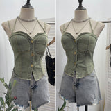 Real Shooting Denim Hanging Neck With Chest Pad Sling Vest Babes Single Buckle Bra Short Sleeveless Top Tide 2757