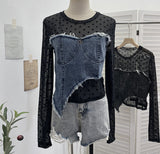 Po Point Mesh Splicing Irregular Raging Denim Long-Sleeved T-Shirt Short Slim Top 2617