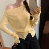 2026 Early Spring Word Shoulder Collar Knitted Shirt Woman Out Of The Shoulder To Wear A Bottom Shirt Spring And Autumn High-End Feel Sweater