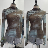 Pure Want To Play The Bottom Of The Long-Sleeved T-Shirt Design Hollow Print Irregular Mesh Yarn Personality Hottie Top 2629