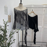 Design-Sensitive Hole Irregular Lotus Side Ribbon Shoulder Horn Long-Sleeved Top T-Shirt 9261