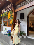 French Yellow Floral Sling Dress Woman Summer Seaside Vacation Beauty Pure Fishtail Ass And Hip Dress