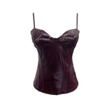 Letter-Print With Chest Pad Pu-Skin Sling Vest Slimming Short Babes Sleeveless Top 1372