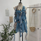 Hanging Neck Lotus Leaf Side Ribbon Print Between The Draw Folded Lace With Bareback Bow Dress 22070