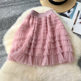 Hepburn Style Simple Solid Color Mesh Dress High Waist Tight Thin Design Careful Hot Girl Cake Skirt