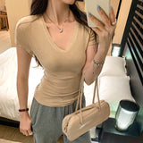 Lyselle Tian Silk Wool Fried Street Unique Beautiful V-Neck Short-Sleeved T-Shirt For Girls Summer This Year's Popular Explosive Top