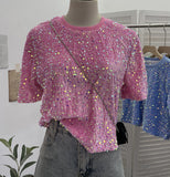 Pink Sequin Short Sleeve T-Shirt 2025 Spring And Summer Korean Version Of Loose Night Club Bling Top 9088