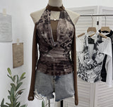 Vintage Hottie Hanging Neck A Word Shoulder Collar Long Sleeve Mesh Yarn T-Shirt 1331