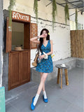 Dopamine Blue V-Necked Sleeveless Vest Dress Women's Summer Waists Show Skinny A-Word Hottie Holiday Dress