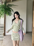 Early Spring, The Beautiful Korean Wearing A Set Of Green Floral Slingge Vest Dress Set Women 2026 New