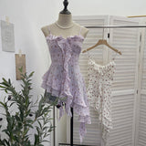 Real Shoot Broken Flower Sling Vest Irregular Lotus Side Ribbon Foldless Short Blouse Female 1223
