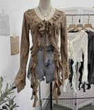 The Wasteland Wind Irregularly Drifted With Lotus Leaf Edge Strap With Hole Open Shirt Short Long Sleeves 9256