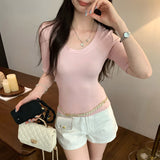 This Year's Popular Explosion Super-Looking Gray U-Neck Short-Sleeved T-Shirt Women's Spring 2026 New Small Small Blouse