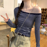 Korean Babes Oblique Shoulder Design Gray Striped Long-Sleeved T-Shirt Girl In Early Autumn To Play With A Bottom Shirt