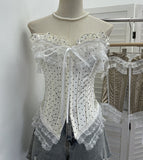 Real Shooting Retro Wave Point Splicing Lace Lace Bra Waist Sexy Short Sleeveless Hook Buckle Top 2825