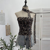Real-Patting Mesh Leopard Print Sexy One-Word Shoulder Hanging Neck With Chest Vest With Chest Pad Short Top 15971