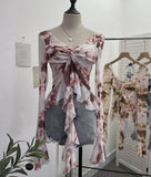 Irregular Kinking Of The Net Yarn Irregularly Kinked Lotus Lobe Slings Shoulder Horn Sleeve T-Shirt Short Top 2618