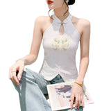National Wind Embroidery Hanging Neck Vest Lady Sleeveless Summer Wearing Small Shoulder Slings New Chinese Style Fat MM Top
