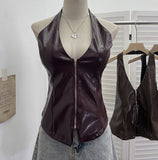 Real Shoot Babes Hanging Neck Deep V Sexy With Chest Pad Pu Sling Sling Zip Open Shirt Woman 8130