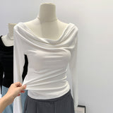 2026 Early Spring Korean Chic Sweet Spicy Shoulder Slanted Shoulder Collar Long-Sleeved T-Shirt Women's Early Autumn Slim Slim Top