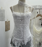 Real-Shooting Lace Splicing Irregular Lotus Leaf Edge Ribbon Sling Vest Round Neck Sexy Sleeveless Top 1218