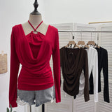 Real Shooting Explosion Hanging Neck Hollow Two Collar Long-Sleeved T-Shirt Folded Bottom Shirt 2769