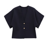 New Women's Clothing Temperament Short-Sleeved V-Neck Two-Grained Knitting Top 4192101