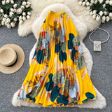 Vintage Print 100 Folds Loose Waist Fashion Half-Dress Women High-Waist A Skirt Commuting Big Hanging Long Skirt Summer