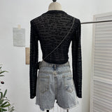 Real Shooting Hottie Letter-Print Mesh Spliced Cowboy Long-Sleeved Bottom Shirt Blouse Short T-Shirt Girl 2623