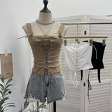 Real Shoot Spice Girls With Slings Vest Fake Two Wearing Rope Straps Tight Short-Sleeved Blouse 8139