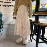 Autumn And Winter New Hong Kong Flavor Small Fresh High Waist Thin Long Hollow Hook Lace Skirt Dress Dress Big Swing