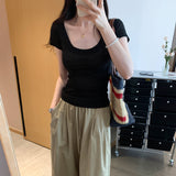 Qaqi Thin Large U-Neck Shoulder Short-Sleeved T-Shirt Women 2025 Summer New Pure Loose-In-Sensitive Top