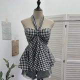 Real Shooting A Variety Of Wearing Striped With Bows Hanging Neck Bra Vest With Chest Cushion Lattice Sleeveless Short Top 9227