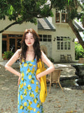 Seaside Dopamine Holiday Dress Blue Lemon Print Sling Dress Women Summer Beach Atmosphere Long Dress