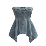 Real Shooting Thai Hottie Irregularly Under The Water Wash Denim Breast Vest Short Single-Breastless Sleeveless Top 2652