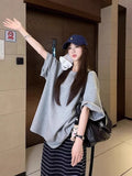 Gray Tie With Round-Neck Short-Sleeved T-Shirt 2026 New Casual Temperament Lazy Wind Loose Long Top