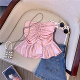 Sweet And Spicy Pink Bow With Breasted Summer 2025 French Lotus Leaf Side Sleeveless Vest Outside The Skirt With A Small Top