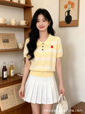 Vintage Style Stripe Polo Collar New British Style Summer Short-Sleeved Knitted Shirt Women's Casual Soft-Chamed Top