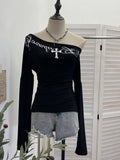 Vintage Cross Letter Print Slanted Shoulder Long-Sleeved T-Shirt T-Shirt Repair Babes Top 1633