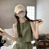 Simple Casual Suit Loose Vest Top Women's 2025 New High-Waist Broad-Legged Shorts Summer Two-Set