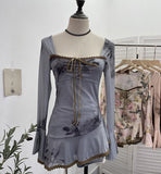 Spring And Summer New French Style Tie Dyed Horn Long-Sleeved Lace Side Design T-Shirt 9980